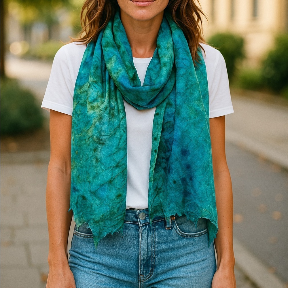 Elegant Blue-Green Tie Dye Look Scarf - Picture 1 of 11